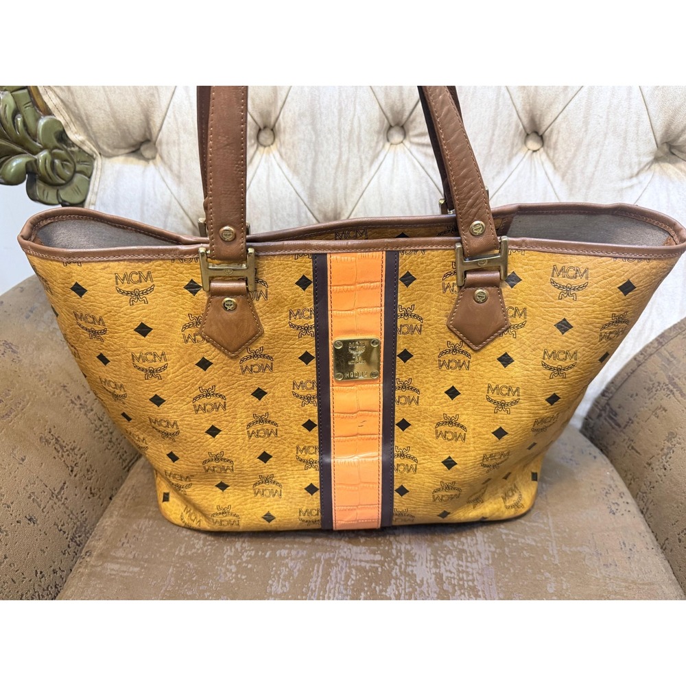 MCM Cognac Visetos Monogram Tote Bag Orange Croc Stripe Gold Hardware H9032